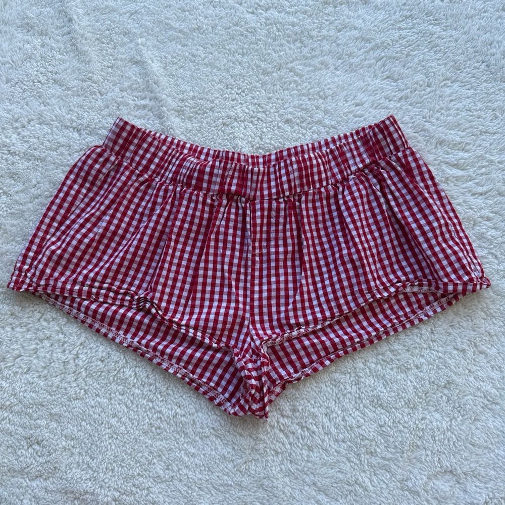 Edikted Red and White Gingham Athletic Shorts
